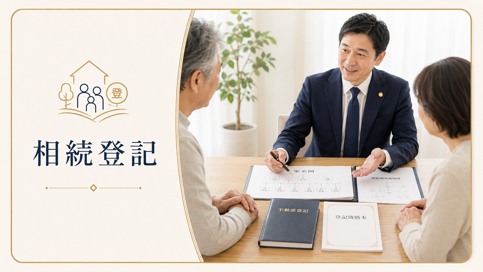相続登記に必要な書類と相続関係について司法書士が夫婦に説明する相談イメージ