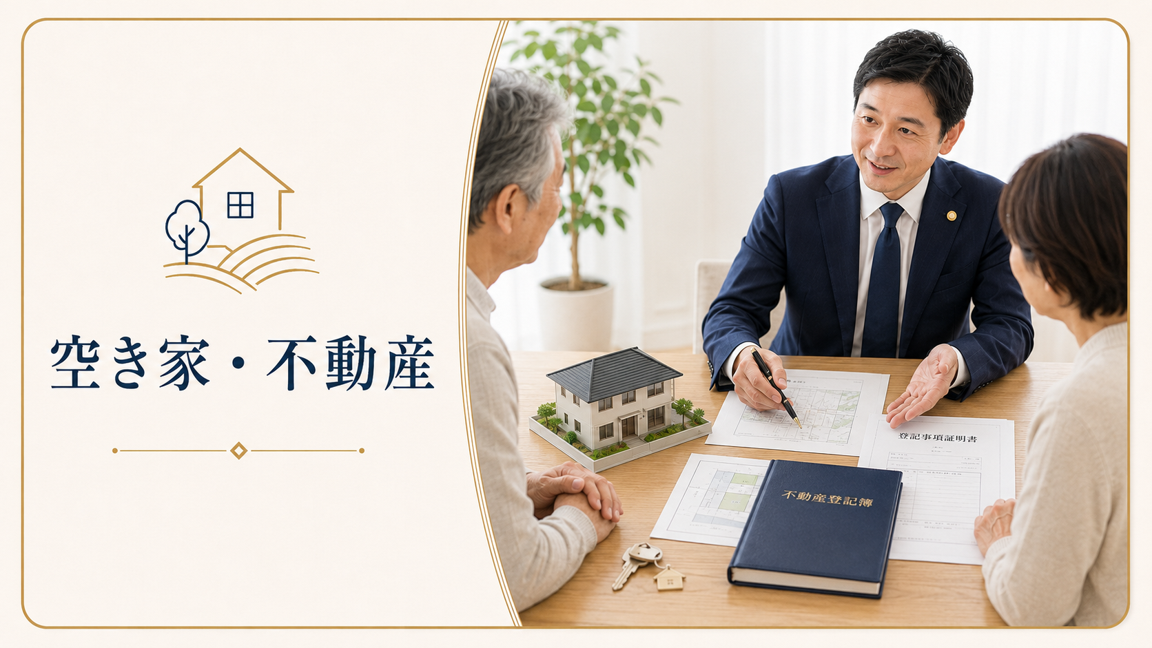 空き家の権利関係と売却準備について司法書士が夫婦に説明する相談イメージ