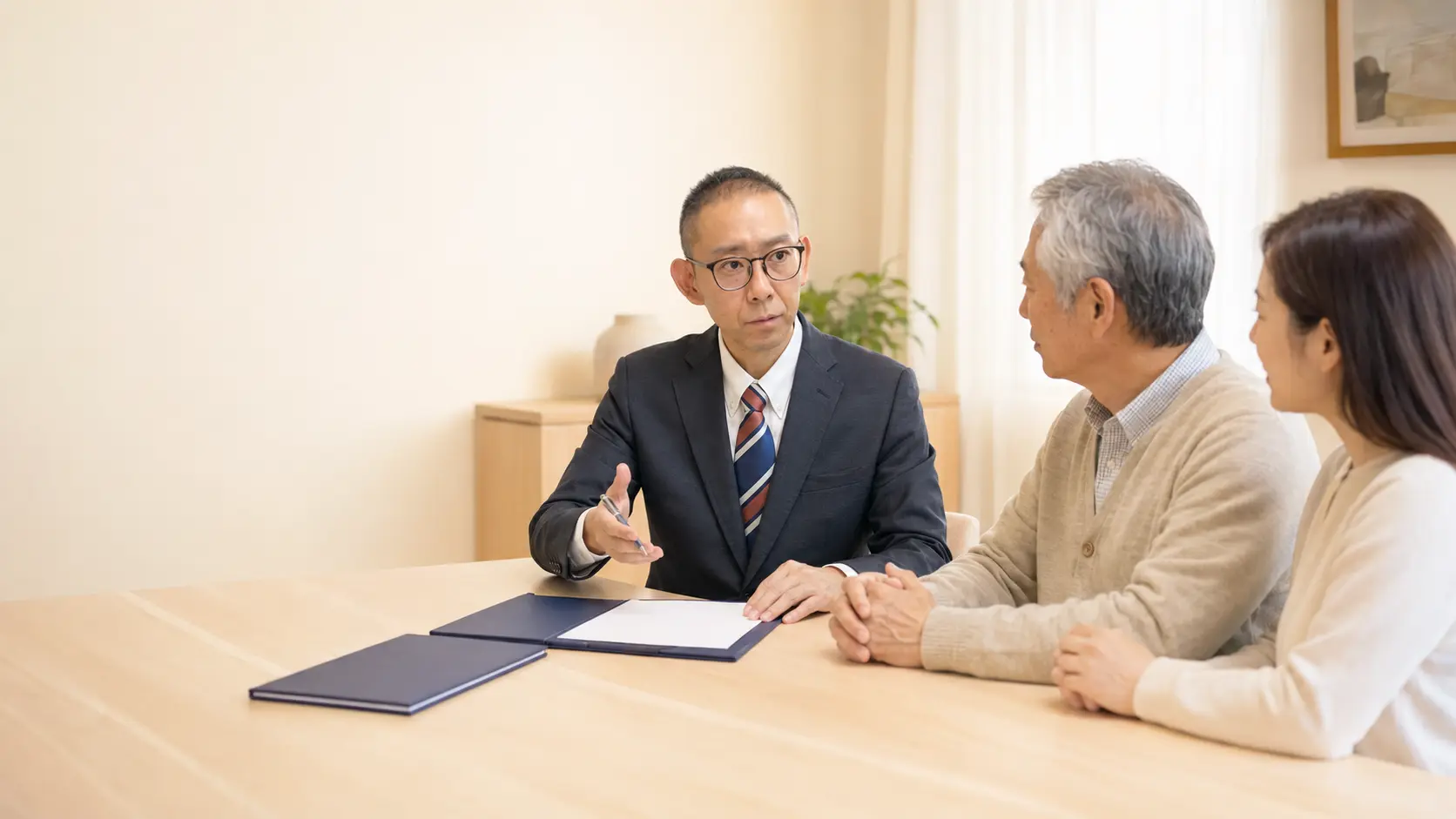 司法書士が親子に成年後見と財産管理の手続きを説明する相談風景