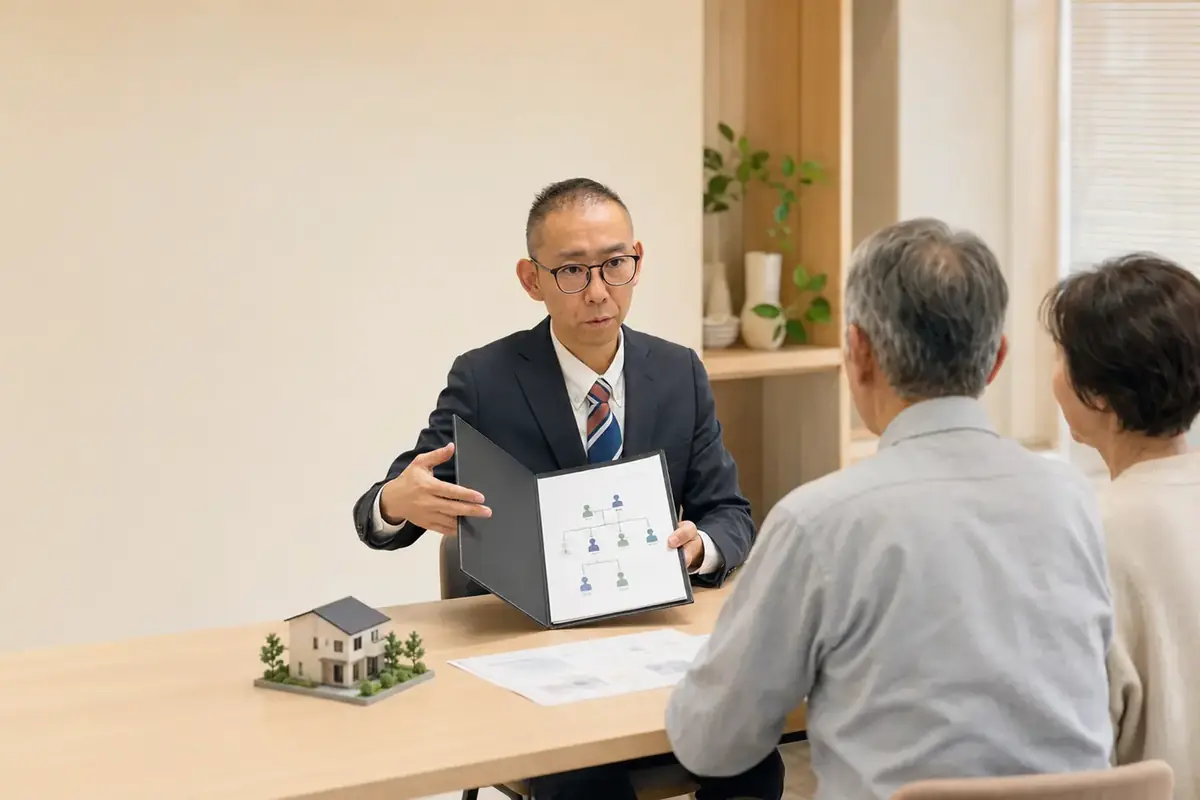 司法書士 山﨑一が家系図と不動産資料を示し、初期調査の内容を説明する様子
