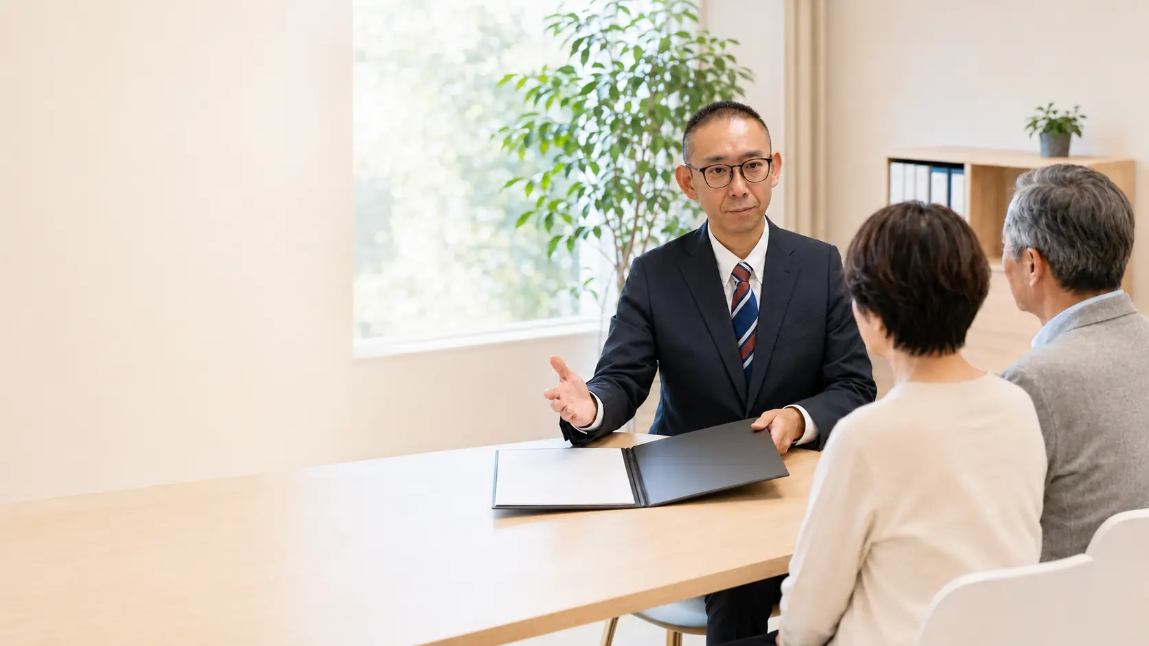 司法書士 山﨑一が夫婦の相談を受け、相続登記・空き家・成年後見について説明する様子