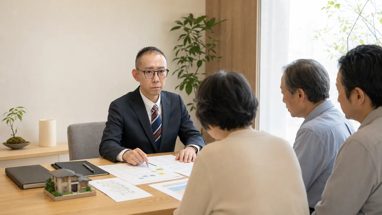 司法書士が家族に相続登記・空き家・成年後見に関する資料を説明する相談風景